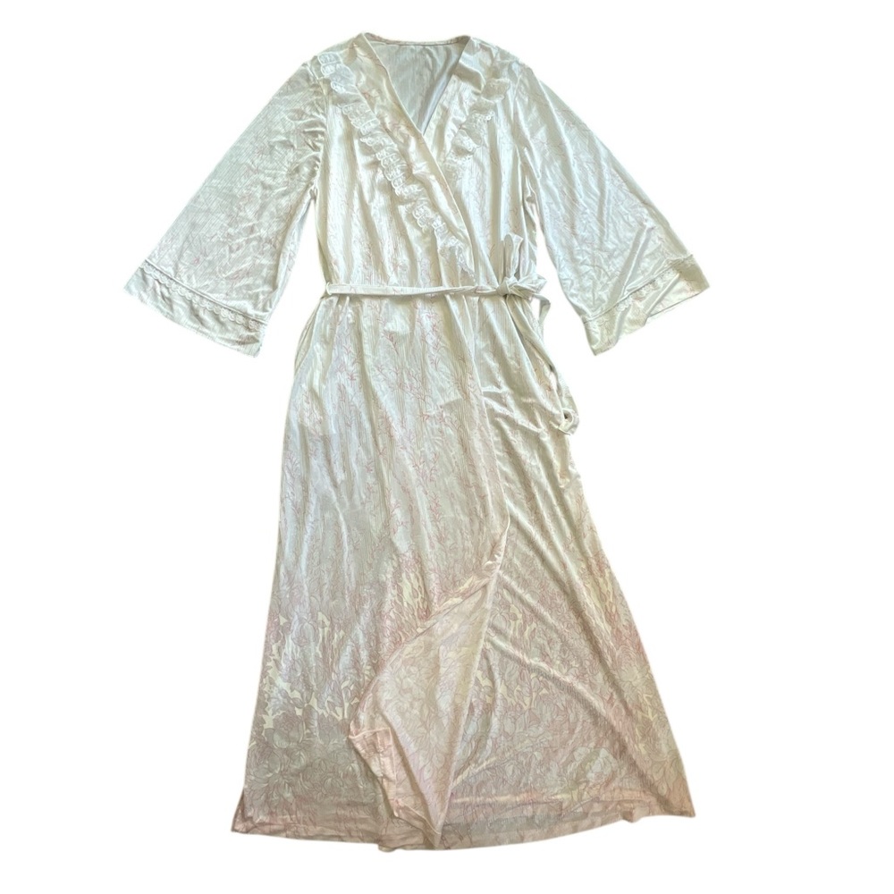Vintage Val Mode Elegant romantic white w pink pattern lace collar Robe Sz L